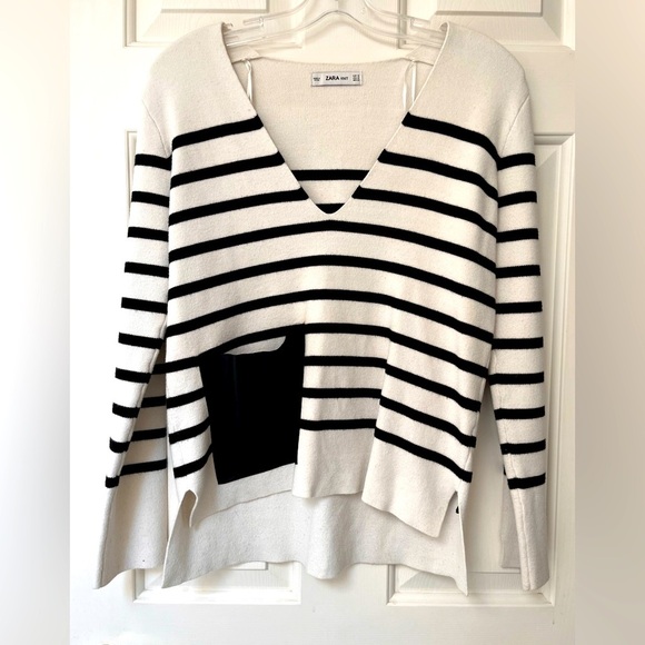 Zara Striped Knit Faux Leather Pocket Pullover Sweater M Black & White - Picture 2 of 13